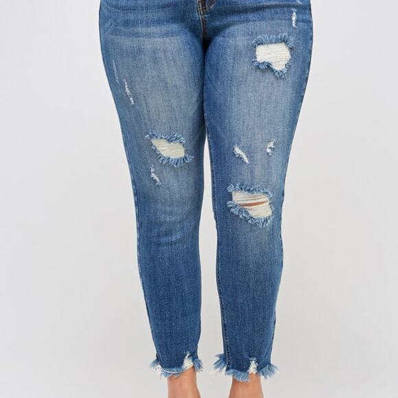 High Rise Frayed Raw Hem Ankle Distressed Skinny Jeans Blue Stretch Plus Size 3X - Picture 5 of 13